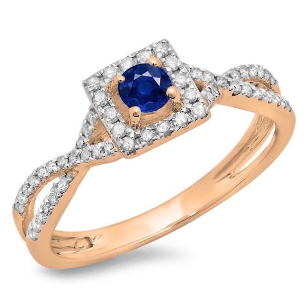 0.50 Carat (ctw) 10K Rose Gold Round Cut Blue Sapphire & White Diamond Ladies Bridal Swirl Split Shank Halo Engagement Ring 1/2 CT