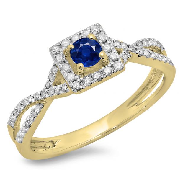 0.50 Carat (ctw) 10K Yellow Gold Round Cut Blue Sapphire & White Diamond Ladies Bridal Swirl Split Shank Halo Engagement Ring 1/2 CT