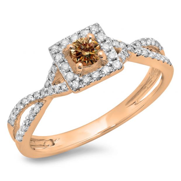 0.50 Carat (ctw) 10K Rose Gold Round Cut Champagne & White Diamond Ladies Bridal Swirl Split Shank Halo Engagement Ring 1/2 CT