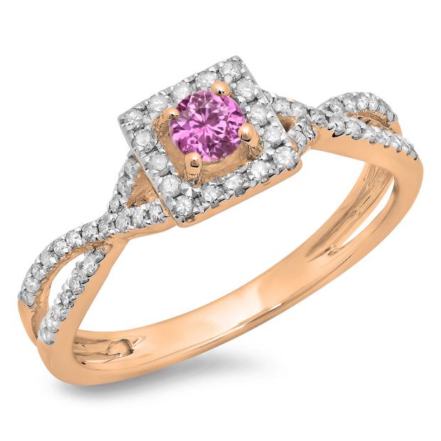0.50 Carat (ctw) 10K Rose Gold Round Cut Pink Sapphire & White Diamond Ladies Bridal Swirl Split Shank Halo Engagement Ring 1/2 CT