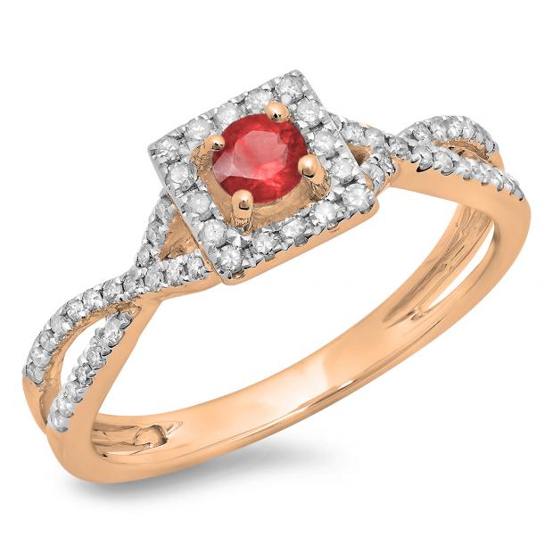 0.50 Carat (ctw) 14K Rose Gold Round Cut Red Ruby & White Diamond Ladies Bridal Swirl Split Shank Halo Engagement Ring 1/2 CT