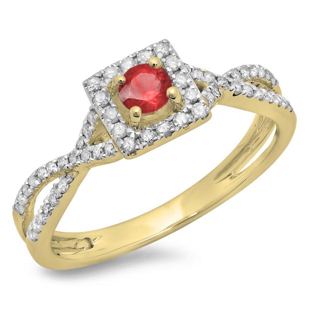 0.50 Carat (ctw) 14K Yellow Gold Round Cut Red Ruby & White Diamond Ladies Bridal Swirl Split Shank Halo Engagement Ring 1/2 CT