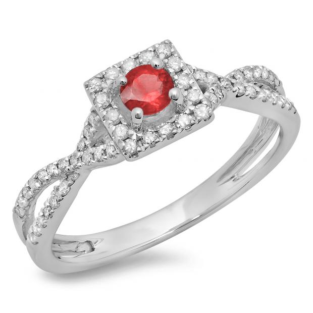 0.50 Carat (ctw) 18K White Gold Round Cut Red Ruby & White Diamond Ladies Bridal Swirl Split Shank Halo Engagement Ring 1/2 CT