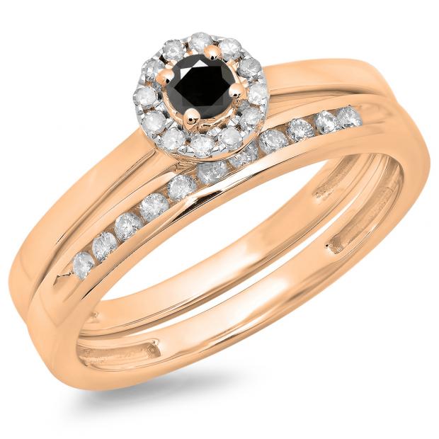 0.33 Carat (ctw) 14K Rose Gold Round Cut Black & White Diamond Ladies Bridal Halo Engagement Ring With Matching Band Set 1/3 CT