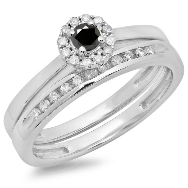 0.33 Carat (ctw) 14K White Gold Round Cut Black & White Diamond Ladies Bridal Halo Engagement Ring With Matching Band Set 1/3 CT
