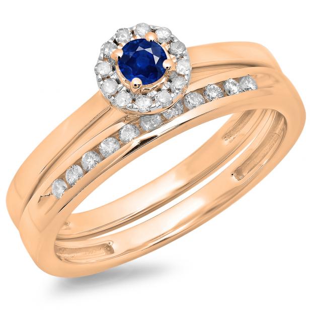 0.33 Carat (ctw) 10K Rose Gold Round Cut Blue Sapphire & White Diamond Ladies Bridal Halo Engagement Ring With Matching Band Set 1/3 CT