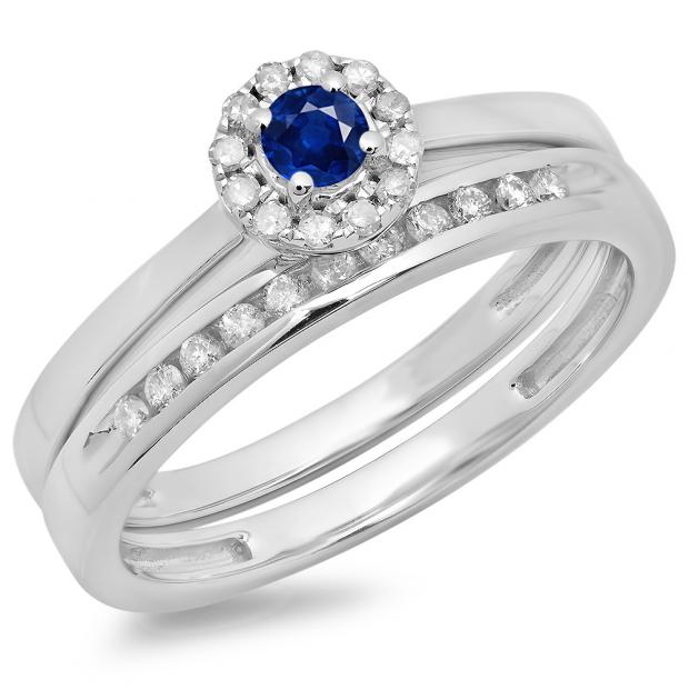 0.33 Carat (ctw) 10K White Gold Round Cut Blue Sapphire & White Diamond Ladies Bridal Halo Engagement Ring With Matching Band Set 1/3 CT