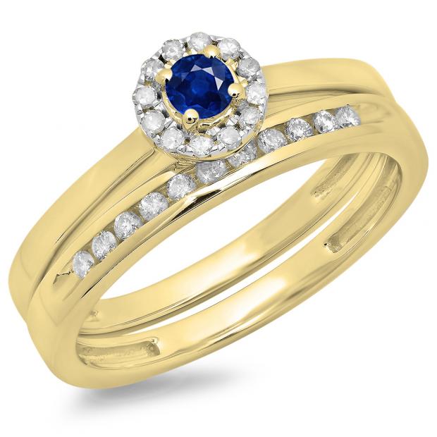 0.33 Carat (ctw) 10K Yellow Gold Round Cut Blue Sapphire & White Diamond Ladies Bridal Halo Engagement Ring With Matching Band Set 1/3 CT