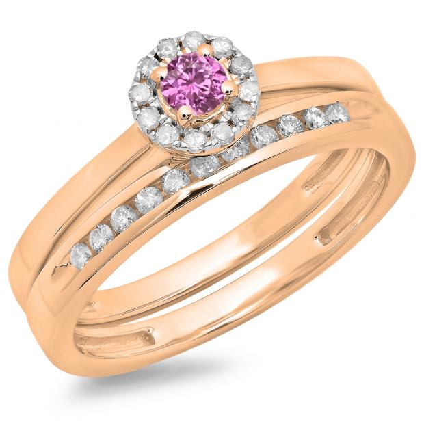 0.33 Carat (ctw) 10K Rose Gold Round Cut Pink Sapphire & White Diamond Ladies Bridal Halo Engagement Ring With Matching Band Set 1/3 CT
