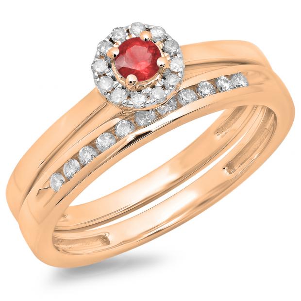 0.33 Carat (ctw) 10K Rose Gold Round Cut Red Ruby & White Diamond Ladies Bridal Halo Engagement Ring With Matching Band Set 1/3 CT
