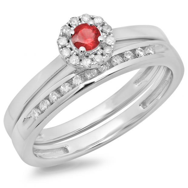 0.33 Carat (ctw) 10K White Gold Round Cut Red Ruby & White Diamond Ladies Bridal Halo Engagement Ring With Matching Band Set 1/3 CT