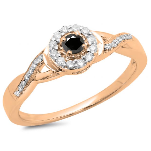 0.25 Carat (ctw) 14K Rose Gold Round Black & White Diamond Ladies Swirl Split Shank Bridal Halo Engagement Ring 1/4 CT