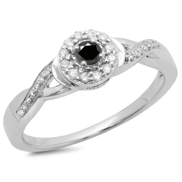 0.25 Carat (ctw) 14K White Gold Round Black & White Diamond Ladies Swirl Split Shank Bridal Halo Engagement Ring 1/4 CT