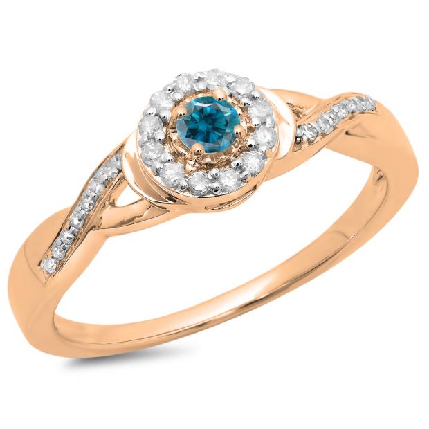 0.25 Carat (ctw) 10K Rose Gold Round Blue & White Diamond Ladies Swirl Split Shank Bridal Halo Engagement Ring 1/4 CT