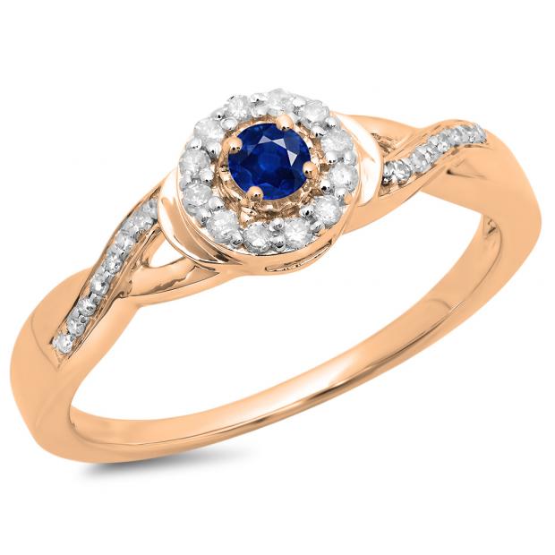0.25 Carat (ctw) 10K Rose Gold Round Blue Sapphire & White Diamond Ladies Swirl Split Shank Bridal Halo Engagement Ring 1/4 CT