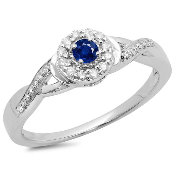 0.25 Carat (ctw) 14K White Gold Round Blue Sapphire & White Diamond Ladies Swirl Split Shank Bridal Halo Engagement Ring 1/4 CT