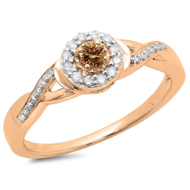 0.25 Carat (ctw) 10K Rose Gold Round Champagne & White Diamond Ladies Swirl Split Shank Bridal Halo Engagement Ring 1/4 CT