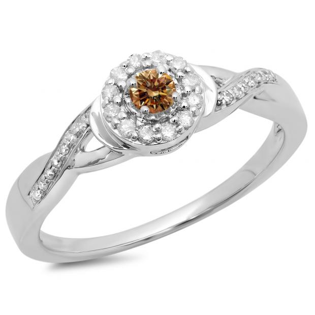0.25 Carat (ctw) 14K White Gold Round Champagne & White Diamond Ladies Swirl Split Shank Bridal Halo Engagement Ring 1/4 CT