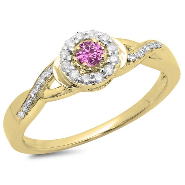 0.25 Carat (ctw) 10K Yellow Gold Round Pink Sapphire & White Diamond Ladies Swirl Split Shank Bridal Halo Engagement Ring 1/4 CT