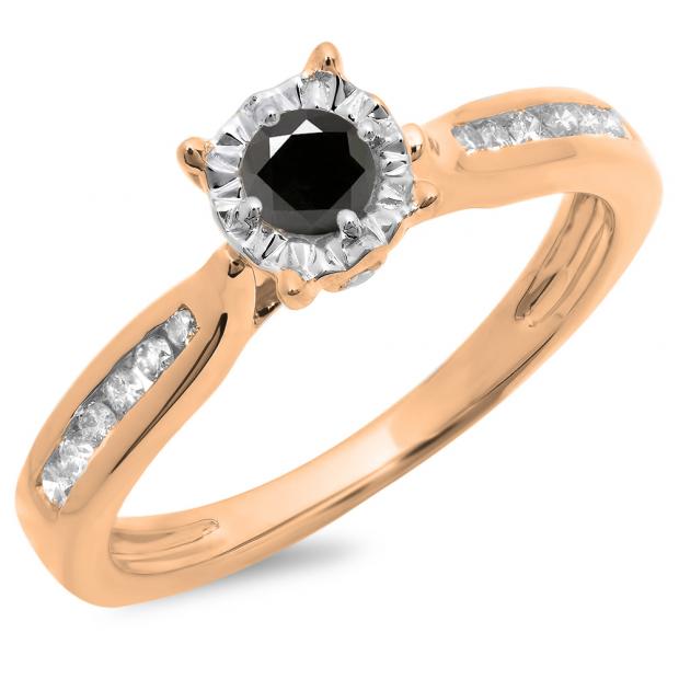 0.40 Carat (ctw) 10K Rose Gold Round Cut Black & White Diamond Ladies Bridal Solitaire With Accents Engagement Ring
