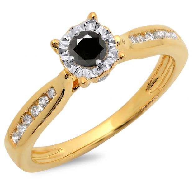 0.40 Carat (ctw) 18K Yellow Gold Round Cut Black & White Diamond Ladies Bridal Solitaire With Accents Engagement Ring
