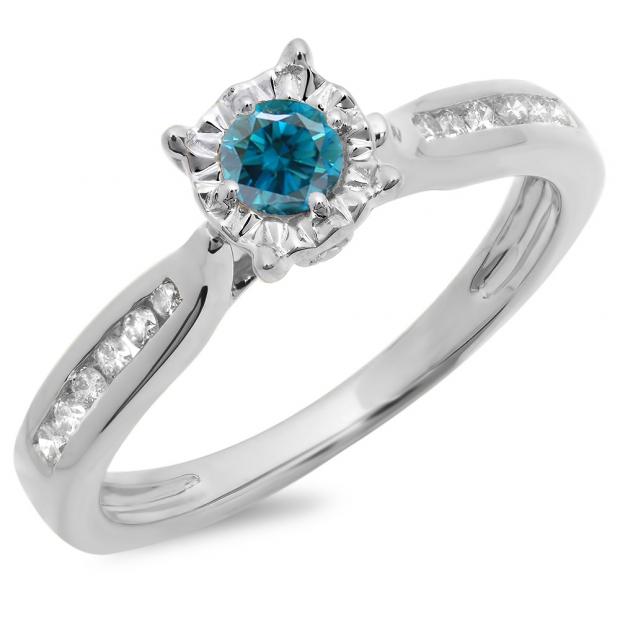 0.40 Carat (ctw) 10K White Gold Round Cut Blue & White Diamond Ladies Bridal Solitaire With Accents Engagement Ring