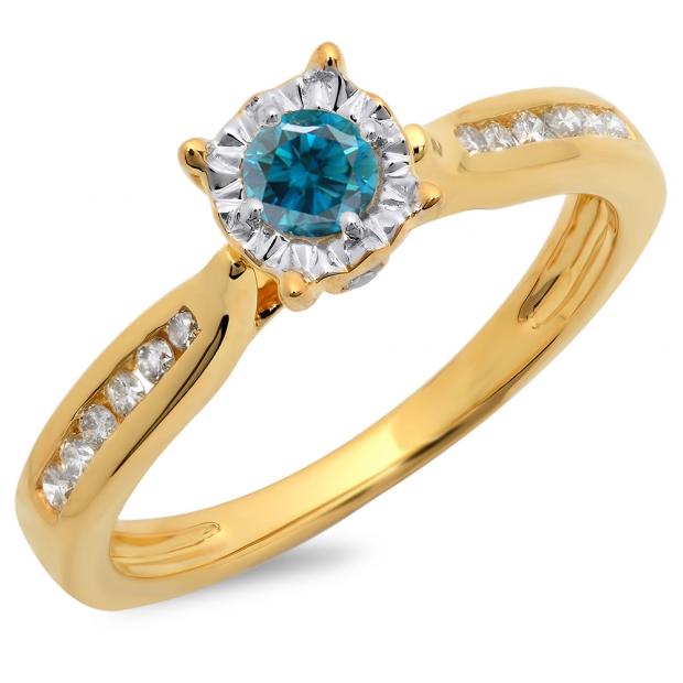 0.40 Carat (ctw) 10K Yellow Gold Round Cut Blue & White Diamond Ladies Bridal Solitaire With Accents Engagement Ring