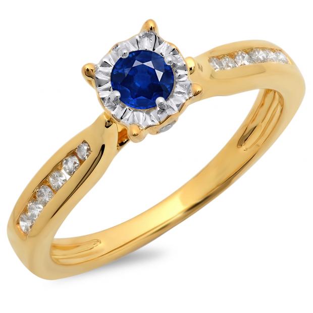 0.40 Carat (ctw) 10K Yellow Gold Round Cut Blue Sapphire & White Diamond Ladies Bridal Solitaire With Accents Engagement Ring