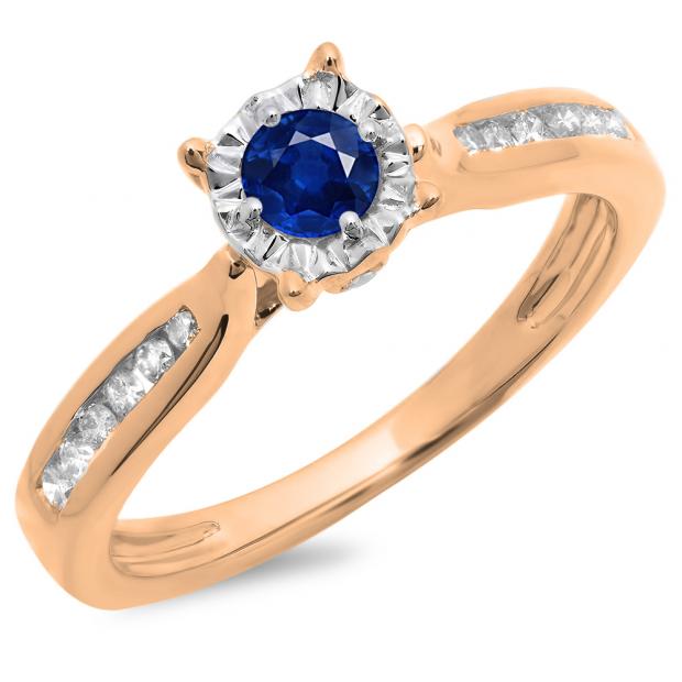 0.40 Carat (ctw) 18K Rose Gold Round Cut Blue Sapphire & White Diamond Ladies Bridal Solitaire With Accents Engagement Ring