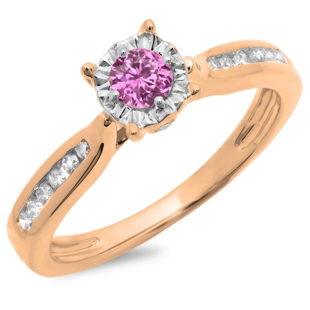 0.40 Carat (ctw) 10K Rose Gold Round Cut Pink Sapphire & White Diamond Ladies Bridal Solitaire With Accents Engagement Ring