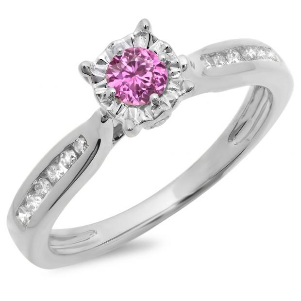 0.40 Carat (ctw) 10K White Gold Round Cut Pink Sapphire & White Diamond Ladies Bridal Solitaire With Accents Engagement Ring