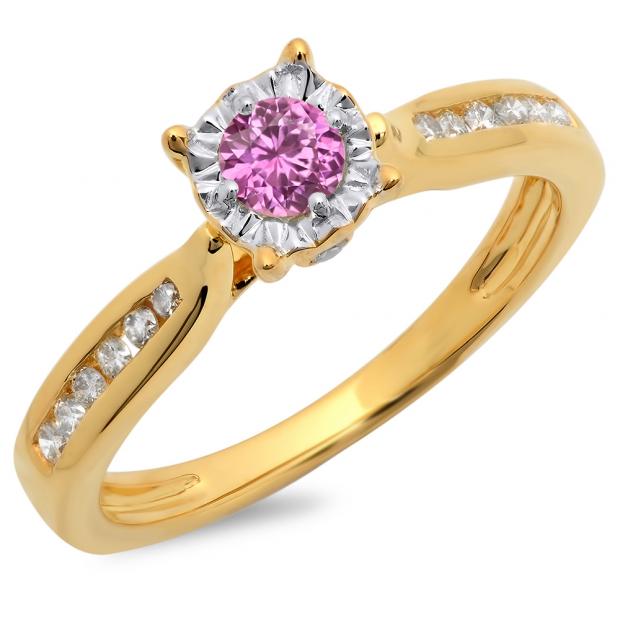 0.40 Carat (ctw) 10K Yellow Gold Round Cut Pink Sapphire & White Diamond Ladies Bridal Solitaire With Accents Engagement Ring