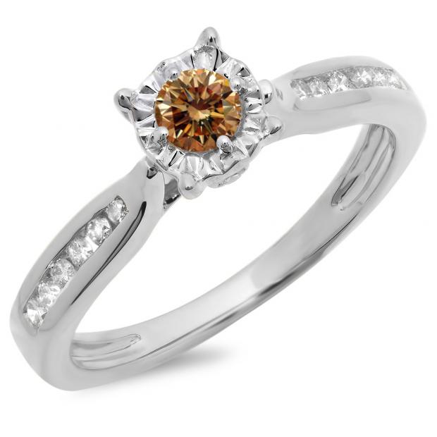 0.40 Carat (ctw) 14K White Gold Round Cut Champagne & White Diamond Ladies Bridal Solitaire With Accents Engagement Ring