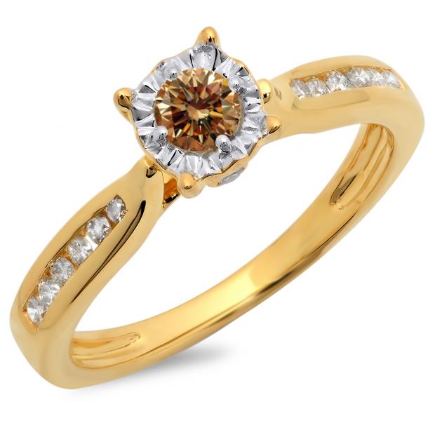 0.40 Carat (ctw) 14K Yellow Gold Round Cut Champagne & White Diamond Ladies Bridal Solitaire With Accents Engagement Ring