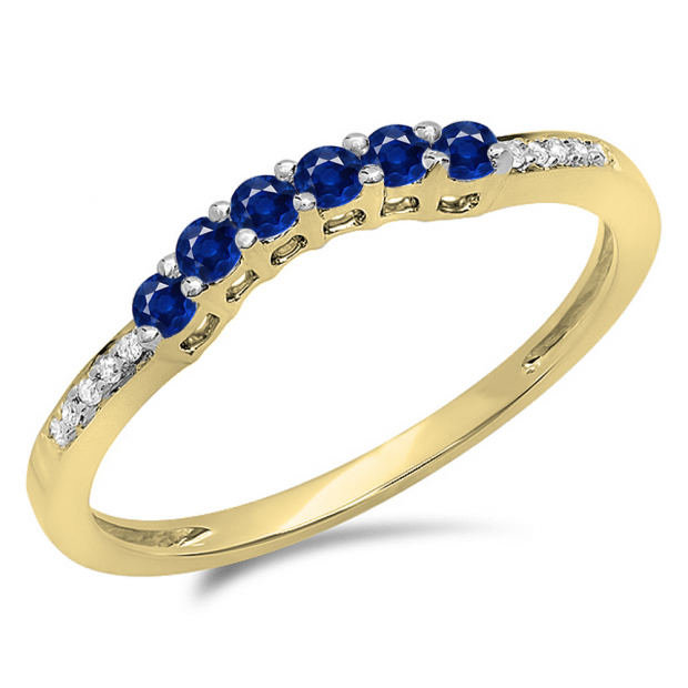 0.25 Carat (ctw) 10K Yellow Gold Round Blue Sapphire & White Diamond Ladies Anniversary Wedding Stackable Band Guard Ring 1/4 CT