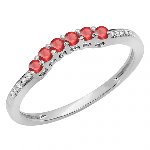 0.25 Carat (ctw) 10K White Gold Round Red Ruby & White Diamond Ladies Anniversary Wedding Stackable Band Guard Ring 1/4 CT