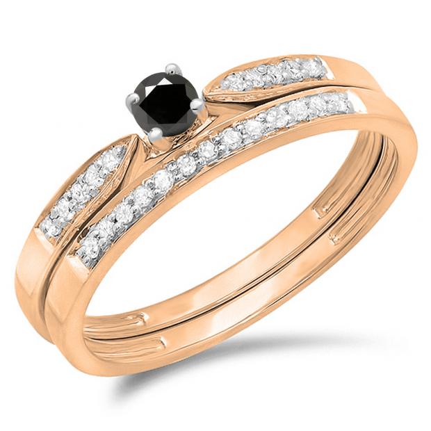 0.25 Carat (ctw) 10K Rose Gold Round Black & White Diamond Ladies Bridal Engagement Ring Matching Band Wedding Set 1/4 CT