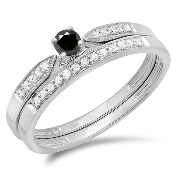 0.25 Carat (ctw) 10K White Gold Round Black & White Diamond Ladies Bridal Engagement Ring Matching Band Wedding Set 1/4 CT