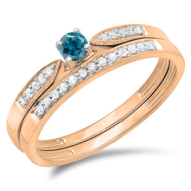 0.25 Carat (ctw) 10K Rose Gold Round Blue & White Diamond Ladies Bridal Engagement Ring Matching Band Wedding Set 1/4 CT