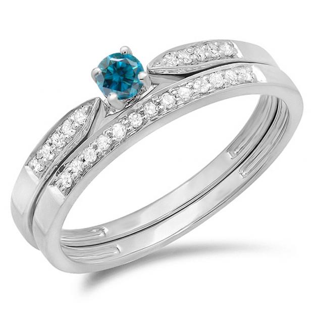 0.25 Carat (ctw) 10K White Gold Round Blue & White Diamond Ladies Bridal Engagement Ring Matching Band Wedding Set 1/4 CT
