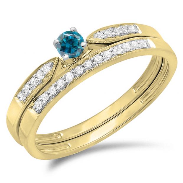 0.25 Carat (ctw) 10K Yellow Gold Round Blue & White Diamond Ladies Bridal Engagement Ring Matching Band Wedding Set 1/4 CT