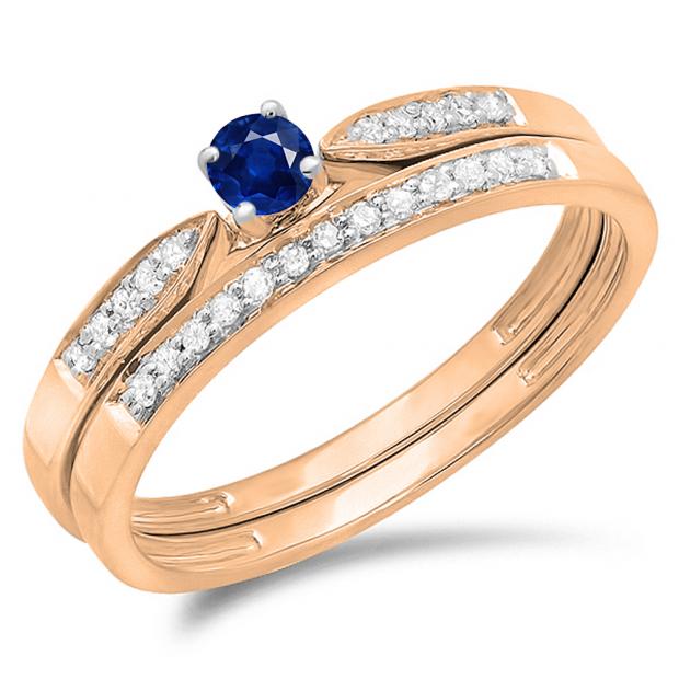0.25 Carat (ctw) 10K Rose Gold Round Blue Sapphire & White Diamond Ladies Bridal Engagement Ring Matching Band Wedding Set 1/4 CT