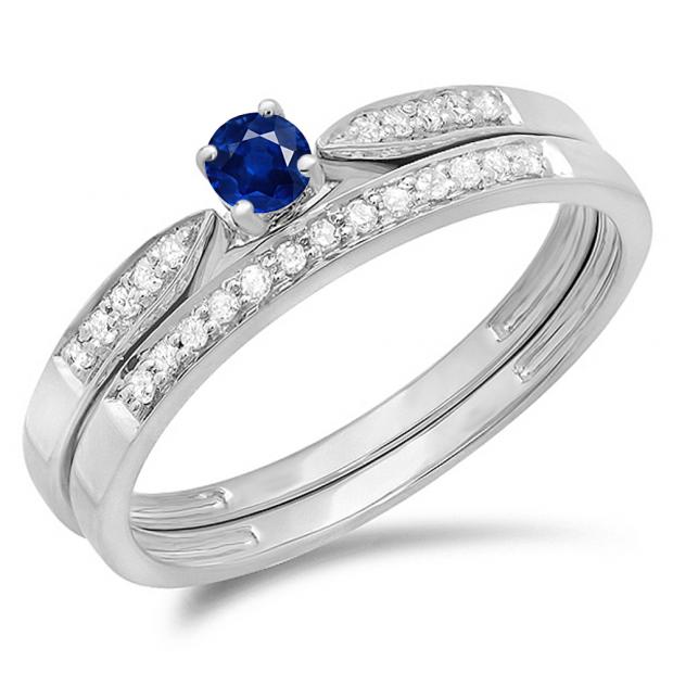 0.25 Carat (ctw) 10K White Gold Round Blue Sapphire & White Diamond Ladies Bridal Engagement Ring Matching Band Wedding Set 1/4 CT