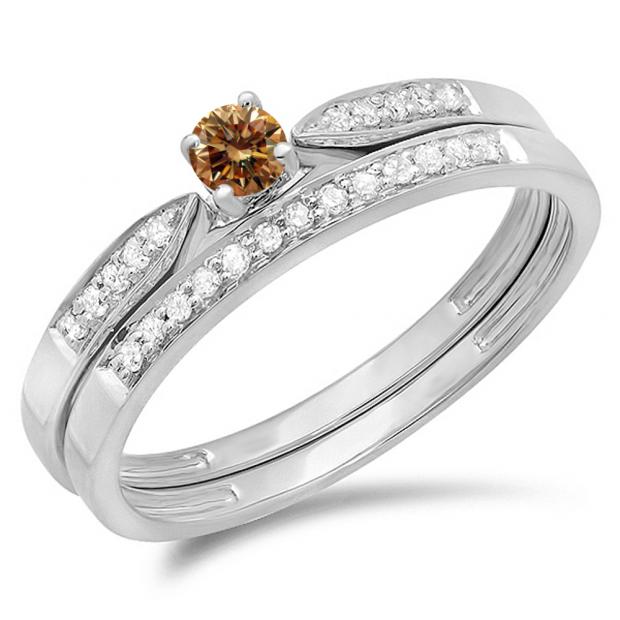 0.25 Carat (ctw) 10K White Gold Round Champagne & White Diamond Ladies Bridal Engagement Ring Matching Band Wedding Set 1/4 CT