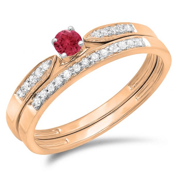 0.25 Carat (ctw) 10K Rose Gold Round Red Ruby & White Diamond Ladies Bridal Engagement Ring Matching Band Wedding Set 1/4 CT