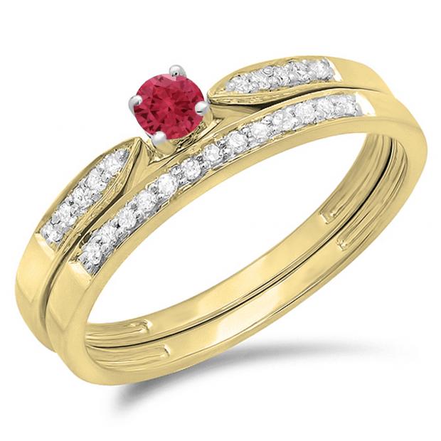 0.25 Carat (ctw) 10K Yellow Gold Round Red Ruby & White Diamond Ladies Bridal Engagement Ring Matching Band Wedding Set 1/4 CT