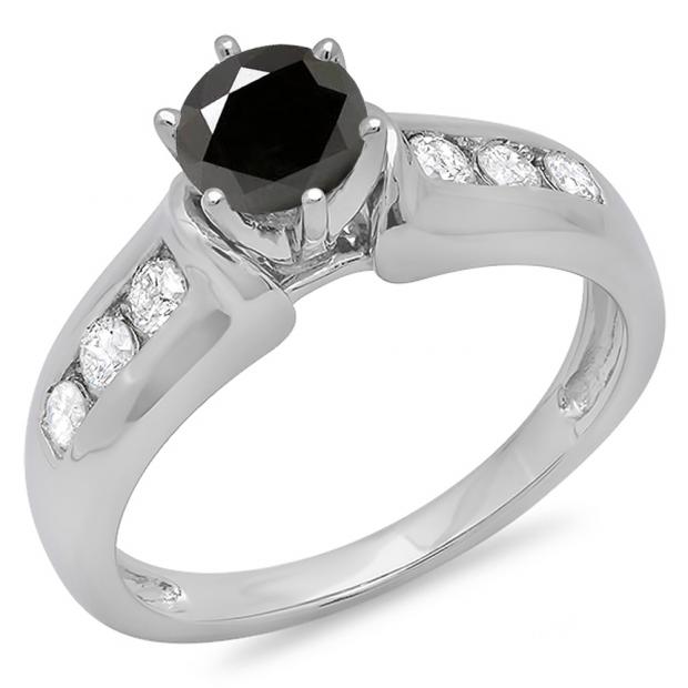 1.00 Carat (ctw) 10K White Gold Round Cut Black & White Diamond Ladies Bridal Solitaire With Accents Engagement Ring 1 CT