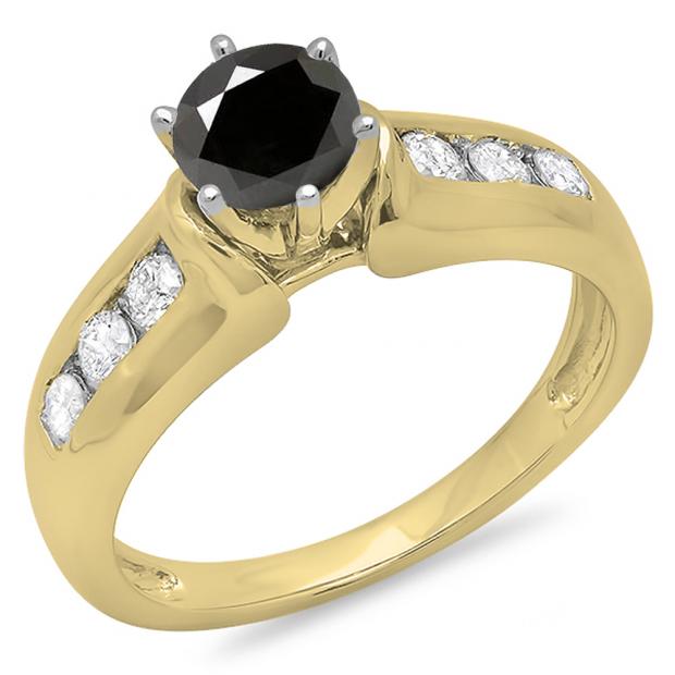1.00 Carat (ctw) 14K Yellow Gold Round Cut Black & White Diamond Ladies Bridal Solitaire With Accents Engagement Ring 1 CT