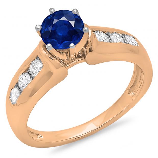 1.00 Carat (ctw) 10K Rose Gold Round Cut Blue Sapphire & White Diamond Ladies Bridal Solitaire With Accents Engagement Ring 1 CT