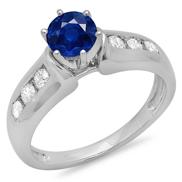 1.00 Carat (ctw) 10K White Gold Round Cut Blue Sapphire & White Diamond Ladies Bridal Solitaire With Accents Engagement Ring 1 CT